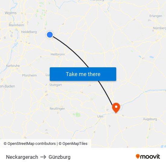 Neckargerach to Günzburg map