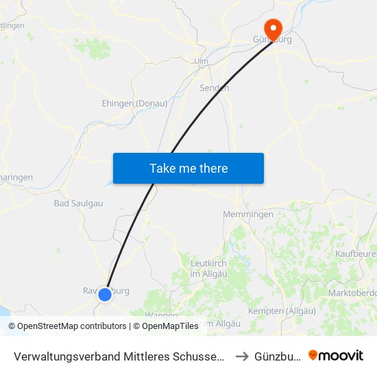 Verwaltungsverband Mittleres Schussental to Günzburg map