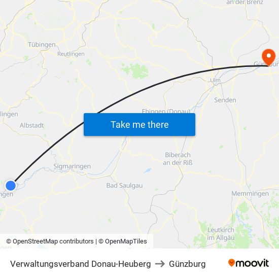 Verwaltungsverband Donau-Heuberg to Günzburg map