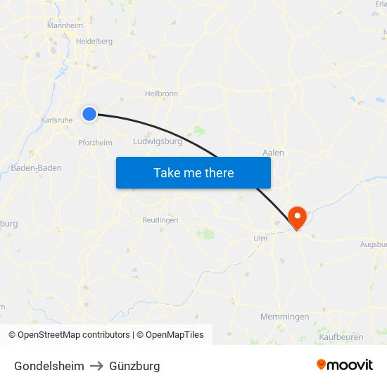 Gondelsheim to Günzburg map