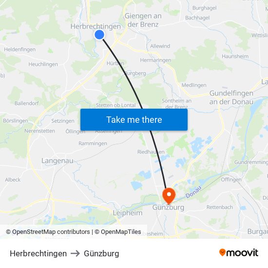 Herbrechtingen to Günzburg map