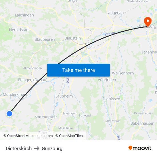 Dieterskirch to Günzburg map