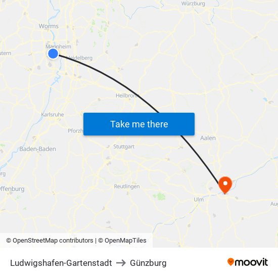 Ludwigshafen-Gartenstadt to Günzburg map