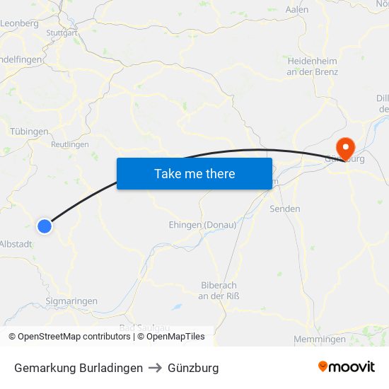 Gemarkung Burladingen to Günzburg map