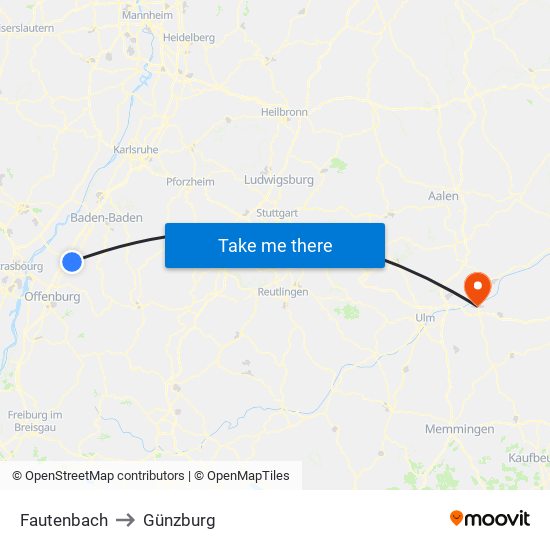 Fautenbach to Günzburg map