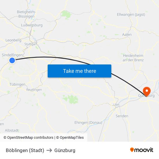 Böblingen (Stadt) to Günzburg map