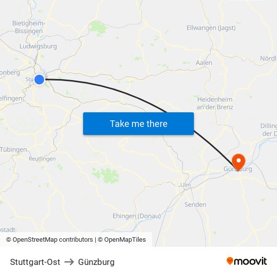 Stuttgart-Ost to Günzburg map