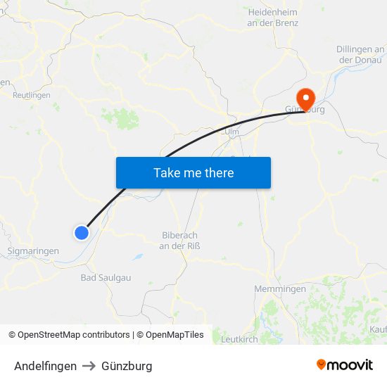 Andelfingen to Günzburg map