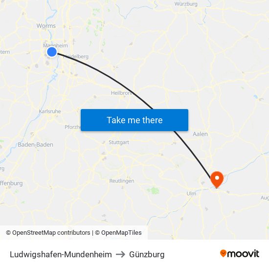 Ludwigshafen-Mundenheim to Günzburg map