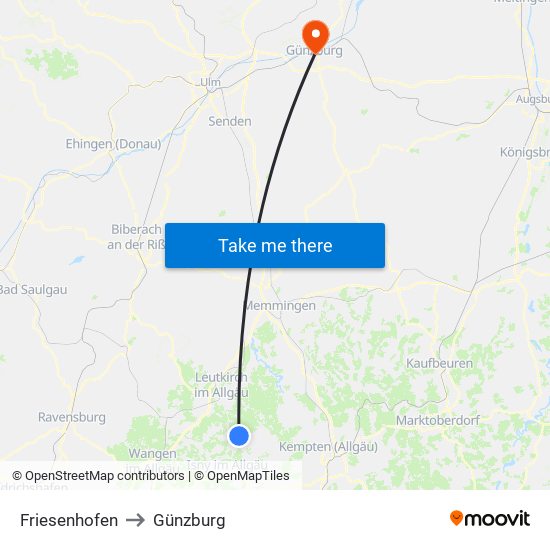 Friesenhofen to Günzburg map