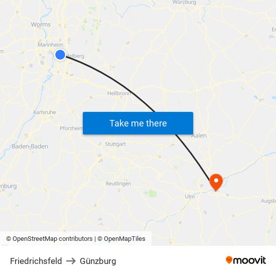 Friedrichsfeld to Günzburg map