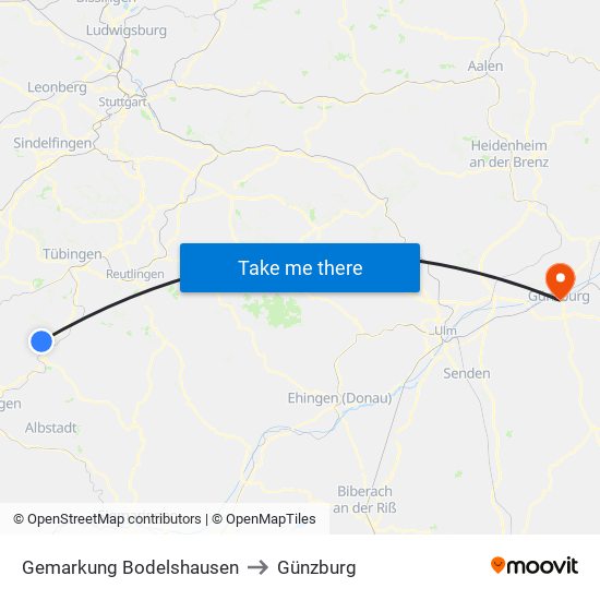 Gemarkung Bodelshausen to Günzburg map