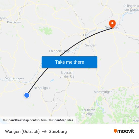 Wangen (Ostrach) to Günzburg map