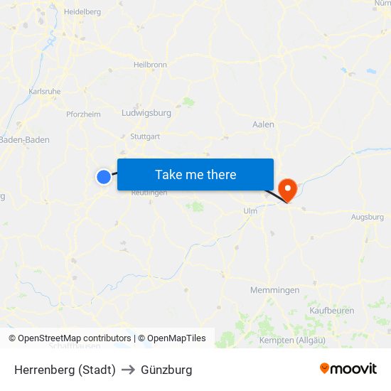 Herrenberg (Stadt) to Günzburg map