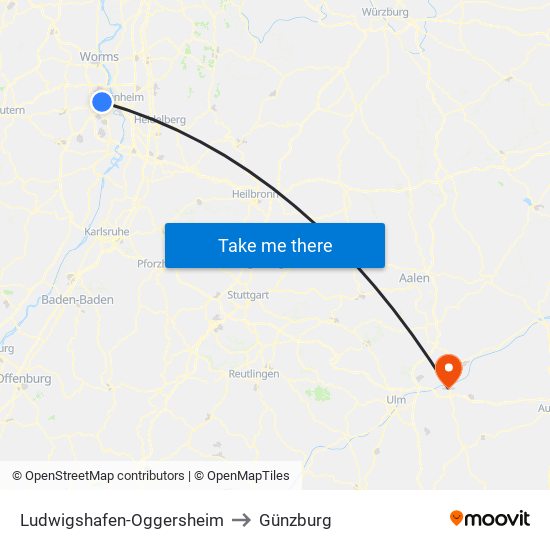 Ludwigshafen-Oggersheim to Günzburg map