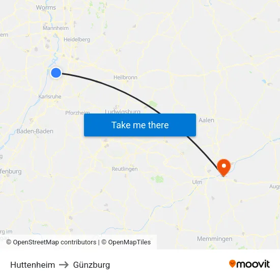 Huttenheim to Günzburg map