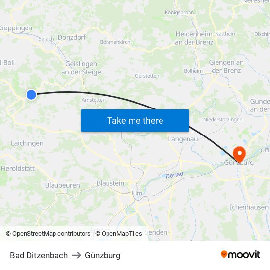 Bad Ditzenbach to Günzburg map