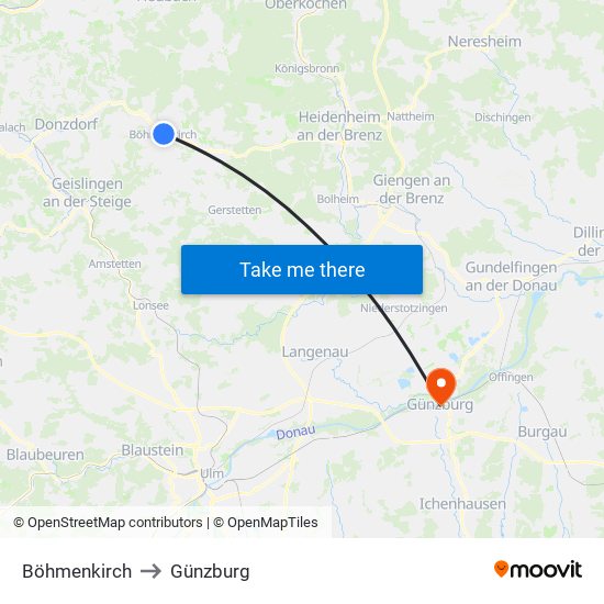 Böhmenkirch to Günzburg map