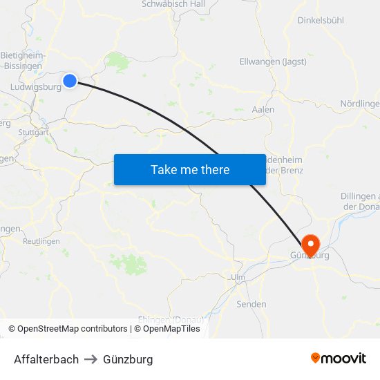 Affalterbach to Günzburg map