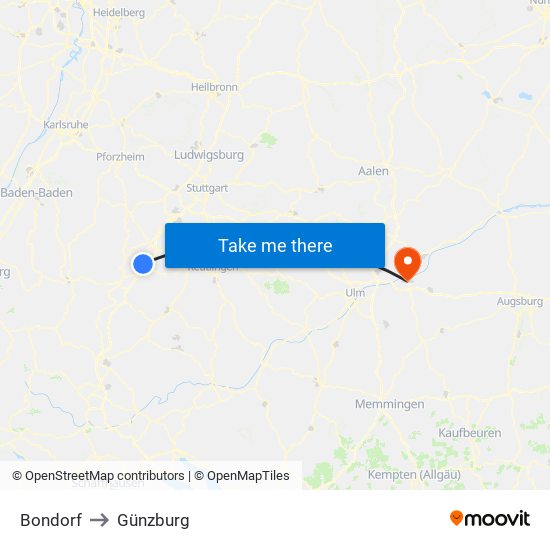 Bondorf to Günzburg map
