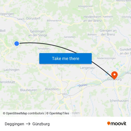 Deggingen to Günzburg map