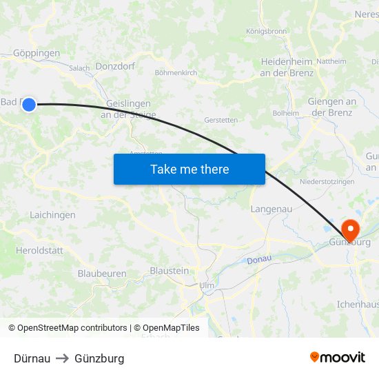 Dürnau to Günzburg map