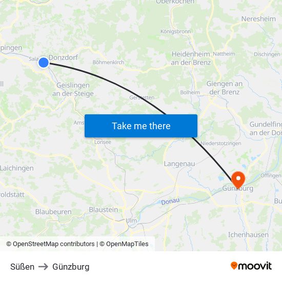 Süßen to Günzburg map