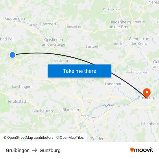 Gruibingen to Günzburg map