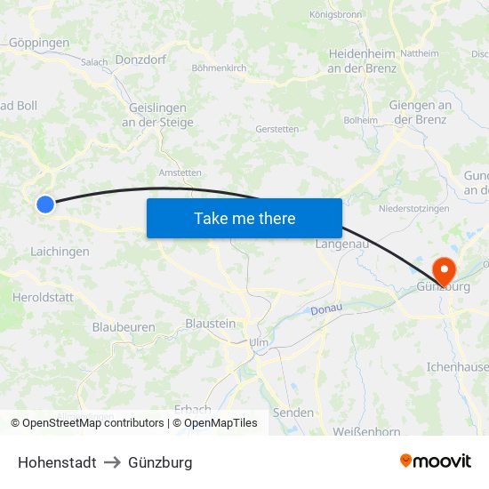 Hohenstadt to Günzburg map