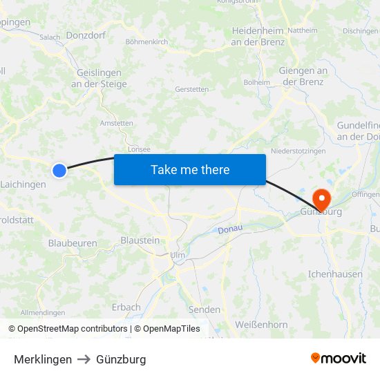 Merklingen to Günzburg map