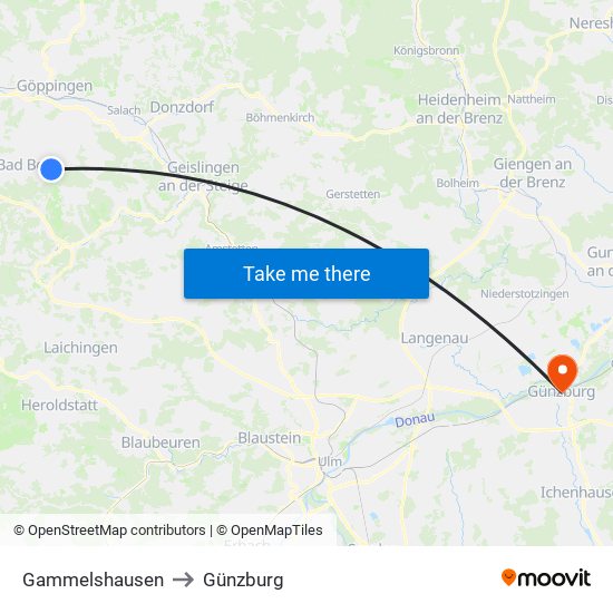 Gammelshausen to Günzburg map