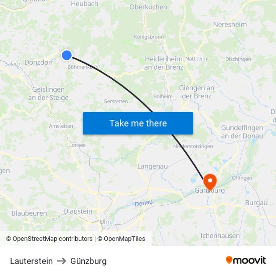 Lauterstein to Günzburg map
