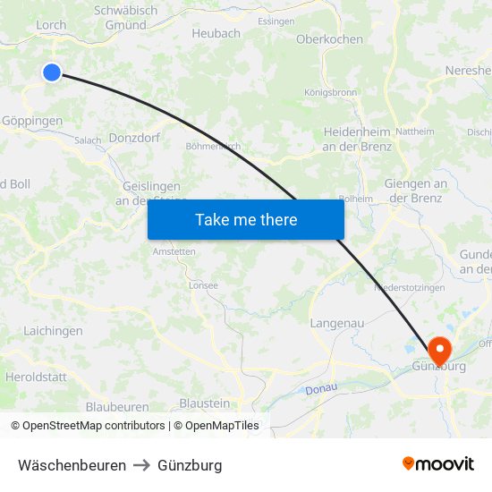 Wäschenbeuren to Günzburg map