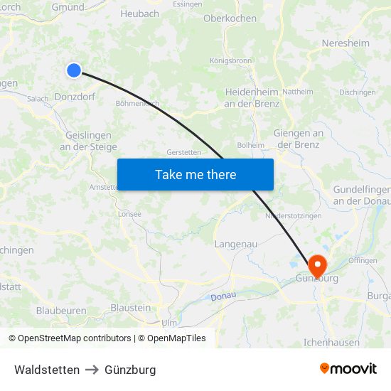 Waldstetten to Günzburg map