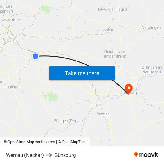 Wernau (Neckar) to Günzburg map