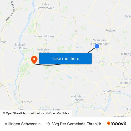 Villingen-Schwenningen to Vvg Der Gemeinde Ehrenkirchen map