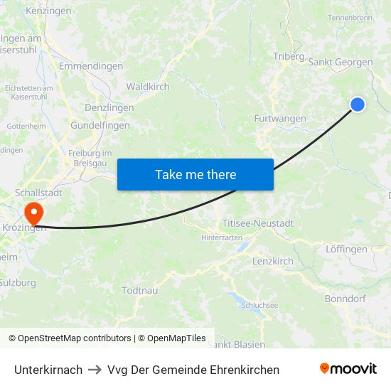 Unterkirnach to Vvg Der Gemeinde Ehrenkirchen map