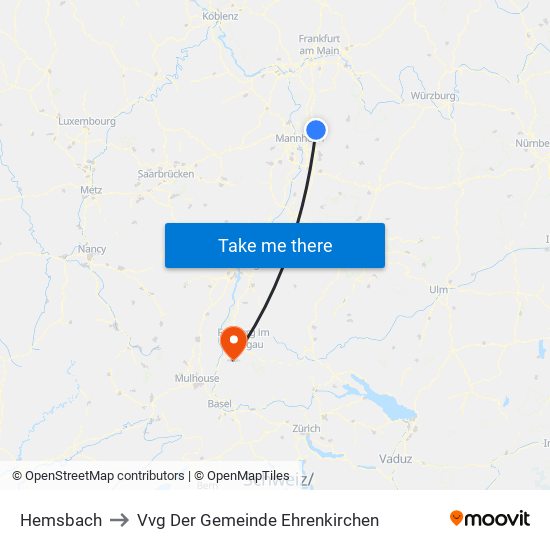 Hemsbach to Vvg Der Gemeinde Ehrenkirchen map