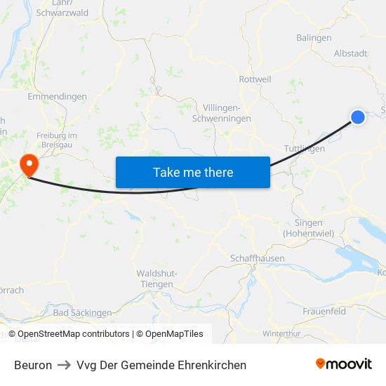 Beuron to Vvg Der Gemeinde Ehrenkirchen map