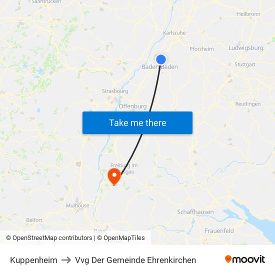 Kuppenheim to Vvg Der Gemeinde Ehrenkirchen map