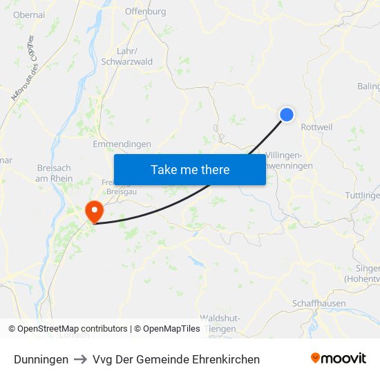 Dunningen to Vvg Der Gemeinde Ehrenkirchen map
