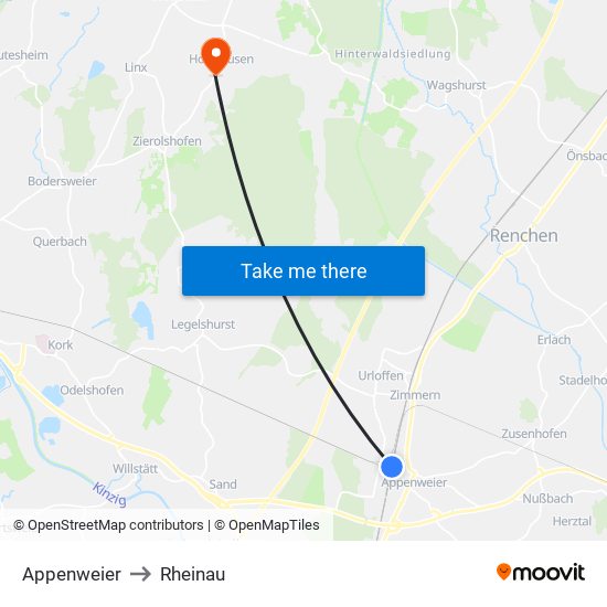 Appenweier to Rheinau map