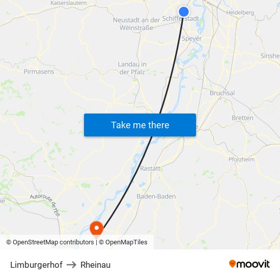 Limburgerhof to Rheinau map