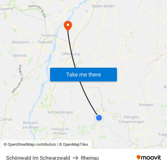 Schönwald Im Schwarzwald to Rheinau map