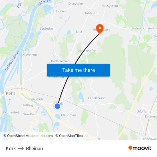 Kork to Rheinau map