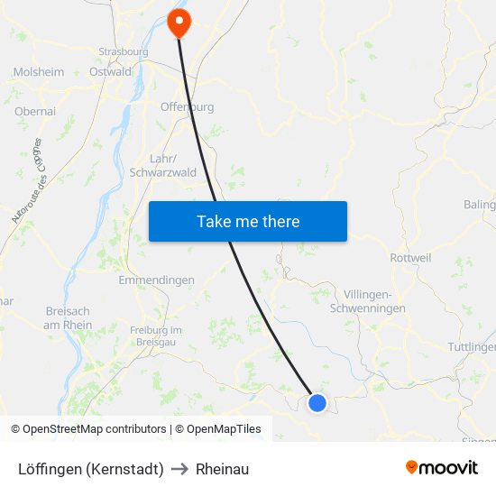 Löffingen (Kernstadt) to Rheinau map