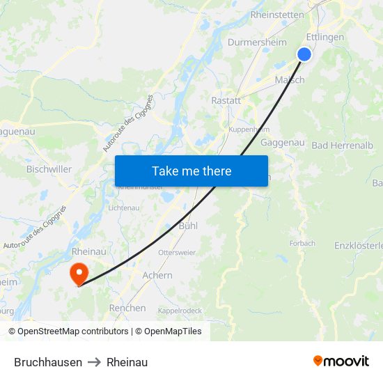 Bruchhausen to Rheinau map