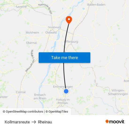 Kollmarsreute to Rheinau map