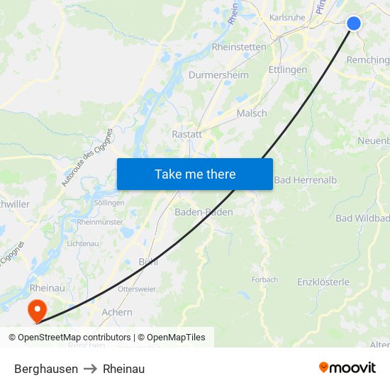 Berghausen to Rheinau map
