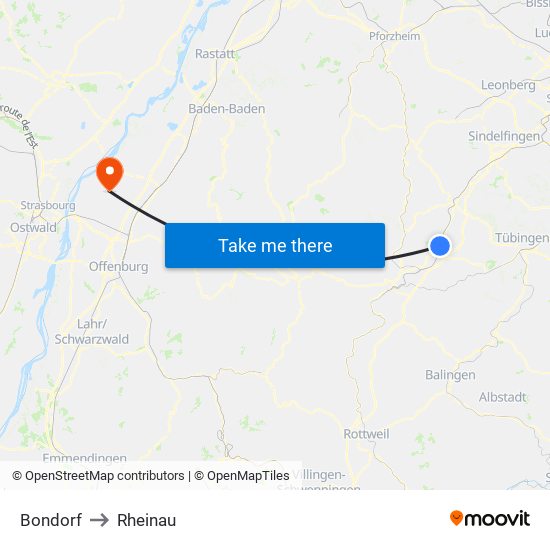 Bondorf to Rheinau map